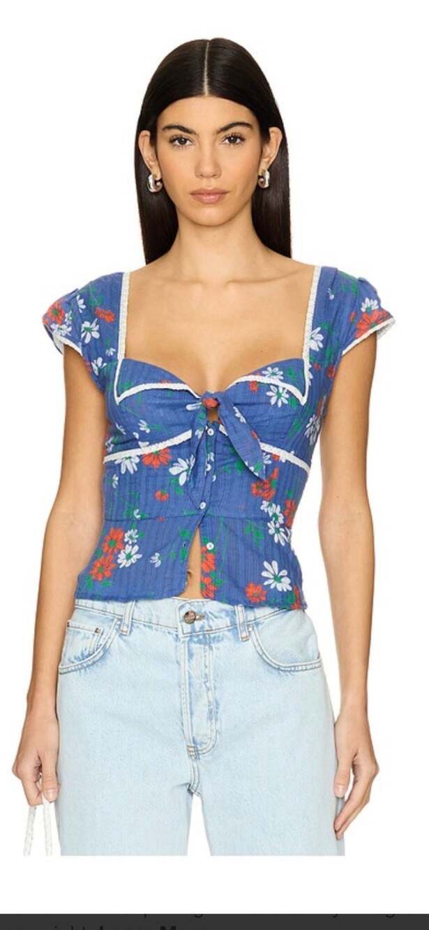 Free People Call Me Baby Cap Sleeve Blouse Blue Quartz Daisy Large boho